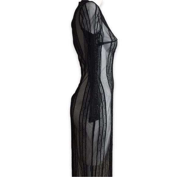 Black Sheer Mesh Sparkle Vertical Striped Maxi Dress | Gown - Picture 5 of 13